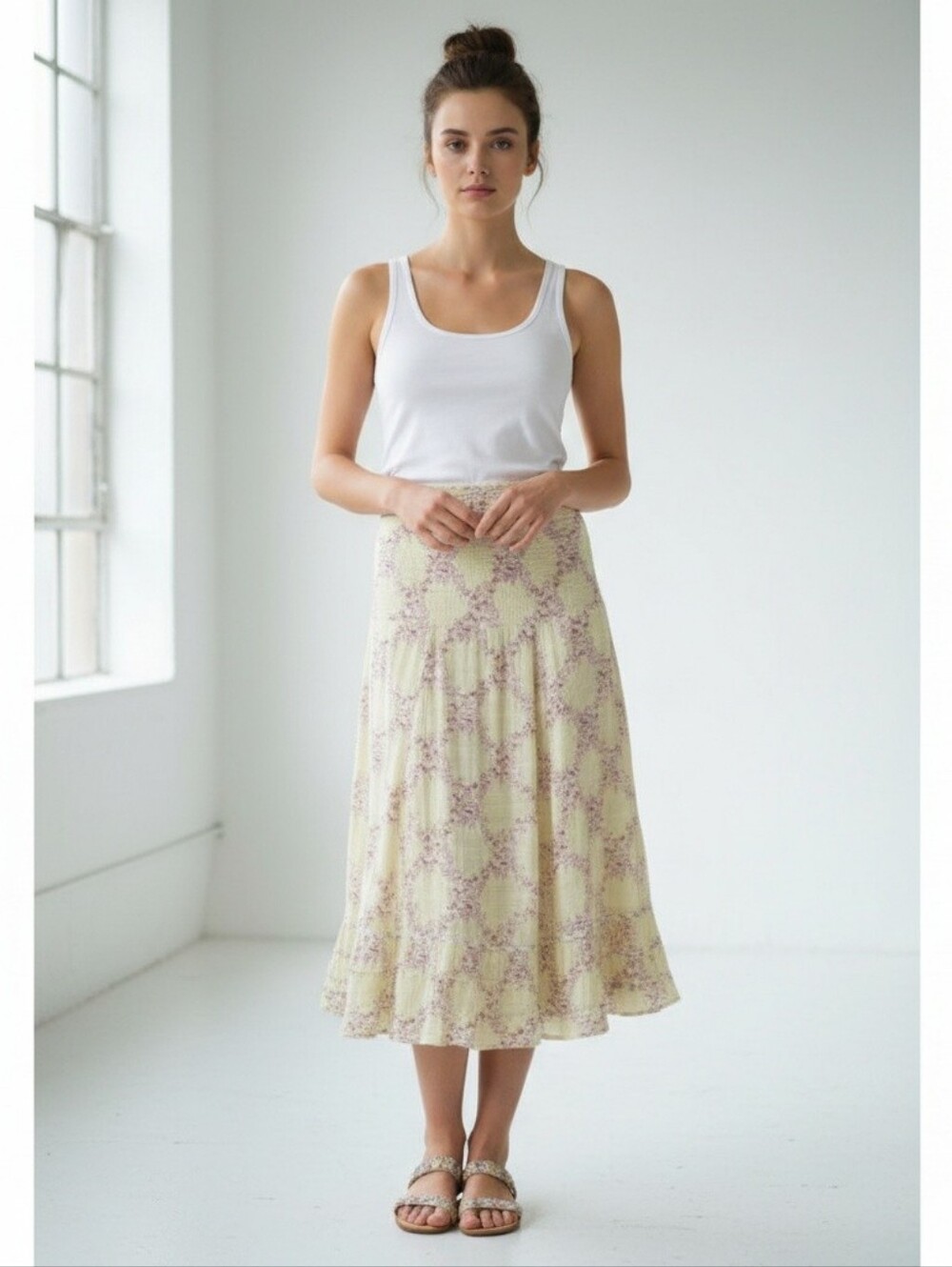 Free People Light Yellow Midi Skirt OR Strapless Dress w/ Lavender Floral Motif
